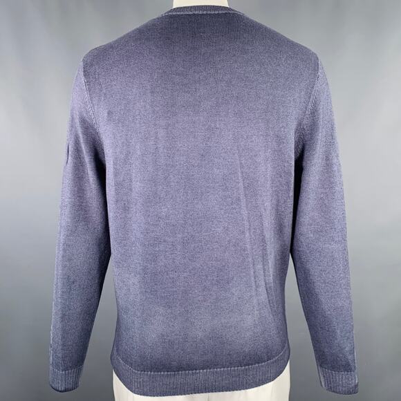 LENOR ROMANO Size L Blue Grey Cable Knit Merino Wool V-Neck Pullover - Picture 3 of 7